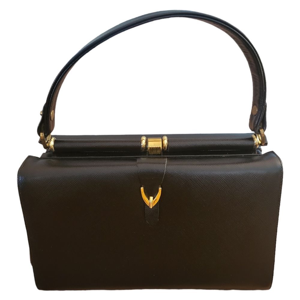 Vtg Susan Gail Black Leather Box Handbag.